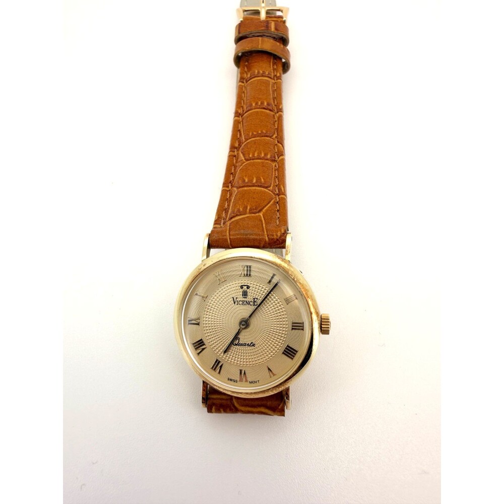 Vintage VICENCE MILOR 14K Gold Watch .585 Swiss Quartz Roman Dial
